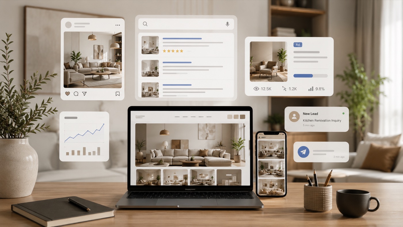 Interior design brand visibility across search, social media, ads, and incoming enquiry channels.