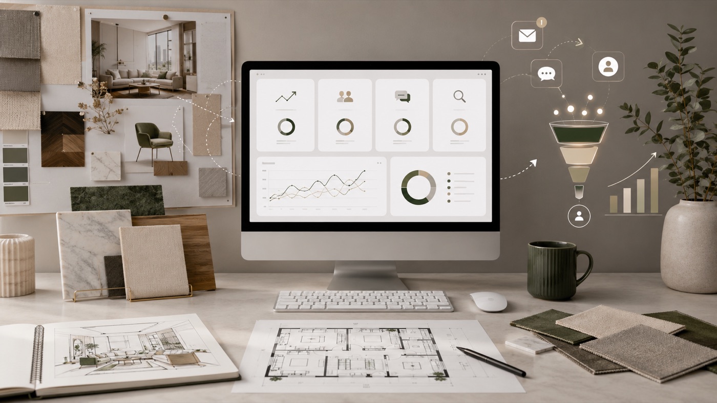 Interior designer lead funnel with enquiry tracking, client communication, and conversion-focused reporting.