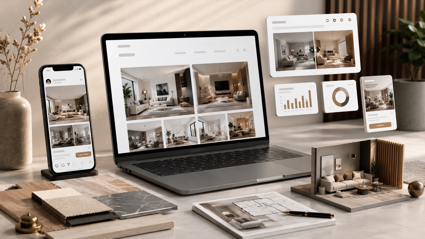 Interior design portfolio website across laptop, tablet, and mobile with analytics and campaign performance widgets.