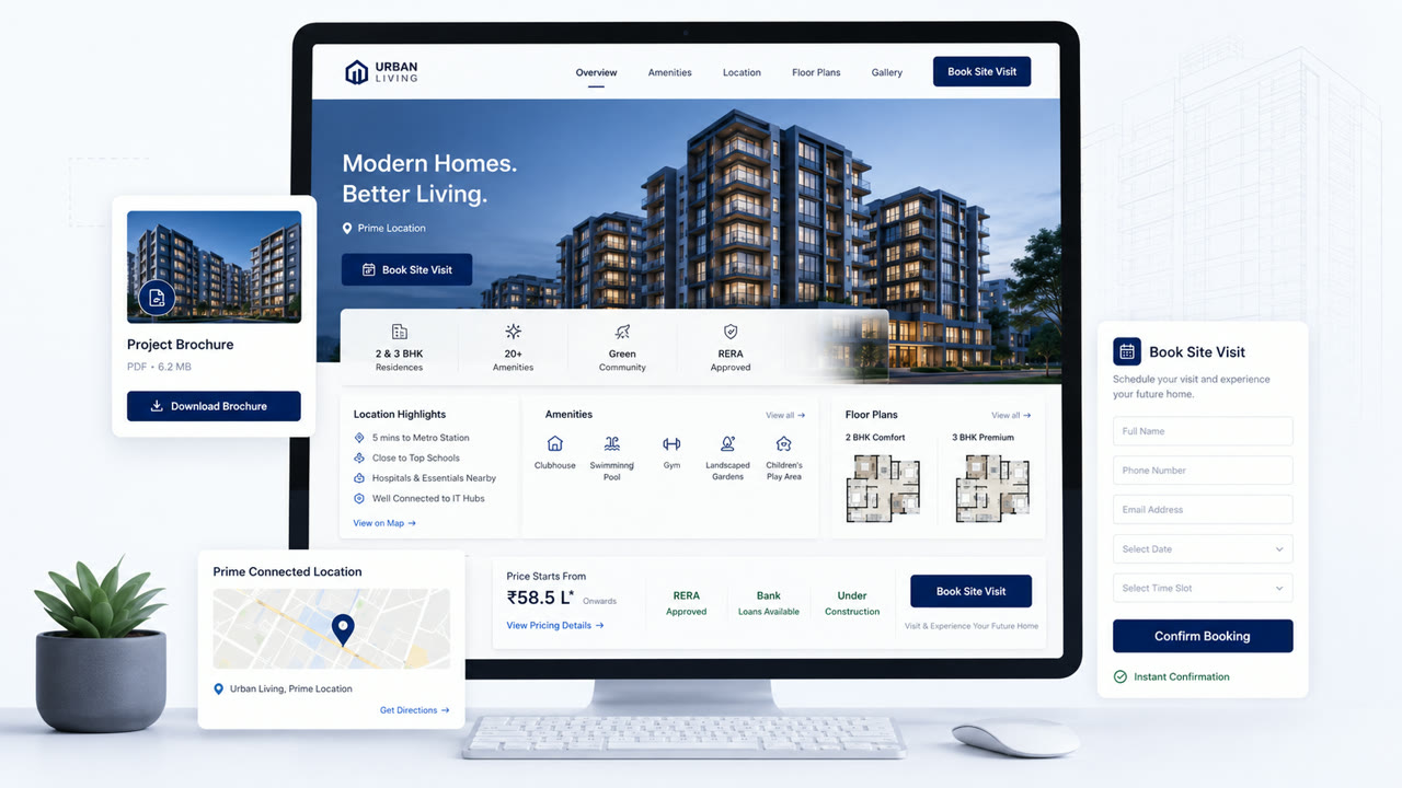 Real estate landing page with brochure, location highlights, floor plans, pricing details, and booking form.